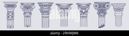 Antike griechische Säulen - Vintage Sketch Illustrations Set für Retro-Design | handgezeichnete Vektor-Kunst der klassischen Architektur und verzierte Säulen, Decorati Stock Vektor