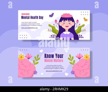 Tag Der Psychischen Gesundheit Horizontale Banner Flache Cartoon Hand Gezeichnete Vorlagen Hintergrund Illustration Stock Vektor