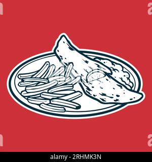 Fisch und Chips - Zeichnung Vektor Illustration, schwarz-weiße Farben, einfache Doodle Hand gezeichnet Stock Vektor