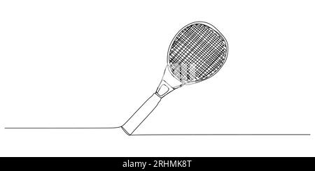 Durchgehende einzelne Linie des Tennisschlägers isoliert auf weißem Hintergrund. Stock Vektor