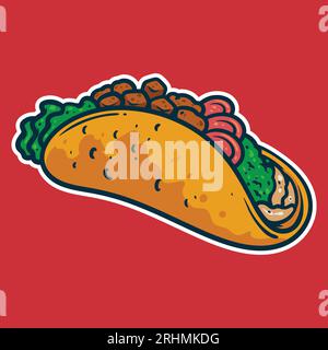 Taco – farbenfrohe Vektorillustration im Cartoon-Stil. Mexikanisches kulinarisches Icon Konzept isoliert. Stock Vektor