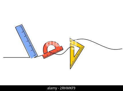 Lineal – Schulobjekt, einzeilige Zeichnung, durchgehende Konstruktion, Vektorillustration. Stock Vektor