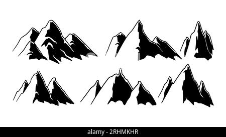 Mountain Silhouette Set, Sammlung von Vektorgrafiken mit Silhouetten von Bergketten, insbesondere felsigen Bergen, in Form von ico Stock Vektor