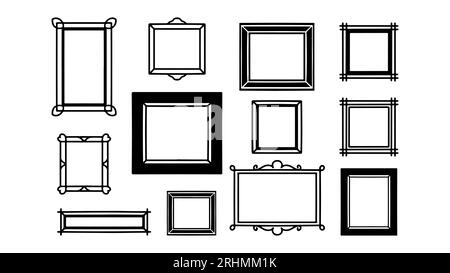 Doodle Handgezeichnetes Rahmenset. Sammlung von Vektorrahmen für Skizzenzeichnungen. Packung mit leerer Umrisszeichnung, dekorativer quadratischer schwarzer Strich. Stock Vektor