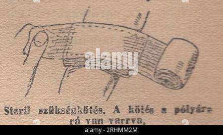 Vintage Illustrated Dictionary aus den 1940er Jahren Családi kis Lexikon Wörterbuch : Vintage erste Hilfe Illustration : sterile Notfallverbände. DIE BANDAGE IST AUF DIE SCHLINGE AUFGENÄHT. / Steril szükségkötés. A kötés a pólyára rá van varrva. / Steril Arm Notfall Verband Illustration Stockfoto