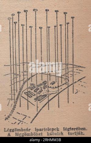 Vintage Illustrated Dictionary aus den 1940er Jahren Családi kis Lexikon Wörterbuch : / léggömbzár ipartelepek felett a légtérben. Ein léggömböket kábelek tartják /grafische Darstellung einer Ballonbarriere über Industrieanlagen im Luftraum. Die Ballons werden von Kabeln 1/2 gehalten Stockfoto