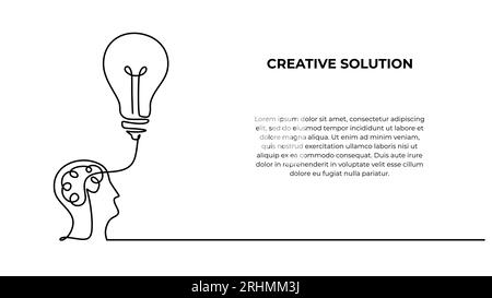 Kreatives Einzeilenzeichnen, durchgehende Handzeichnung mit Glühbirne. Symbol für Idee und Lösung. Metapher der Geschäftsstrategie. Stock Vektor