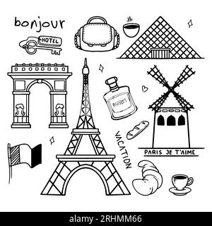 Reist Paris Frankreich Doodle Zeichensatz. Handgezeichnete Stadt und Objekte. Stock Vektor