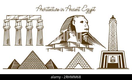 Ägypten Gebäude setzen Skizze Vektor Illustration. Handgezeichneter antiker architektonischer Tempel und Statue. Stock Vektor