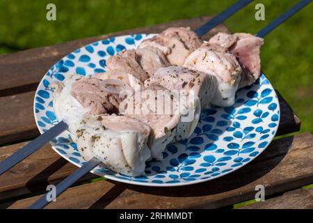 Platte mit rohen marinierten Schweinespießen auf einem hölzernen Picknicktisch Stockfoto