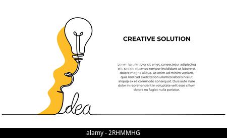 Glühbirne durchgehende einzeilige Zeichnung, kreative Vektorlösung mit Ideentext. Minimalistische Handkonturskizze der Business-Creativity-Metapher. Stock Vektor