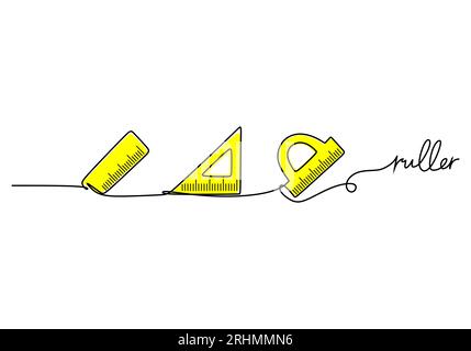 Lineal – Schulobjekt, einzeilige Zeichnung, durchgehende Konstruktion, Vektorillustration. Stock Vektor