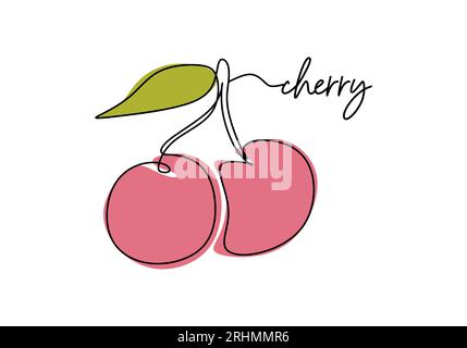 Durchgehende einzeilige Kirschzeichnung, Obstvektor-Illustration. Stock Vektor