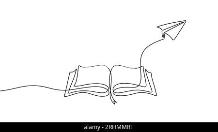 Geöffnete Buch- und fliegende Papierebene durchgehende einzeilige Zeichnung. Handgezeichnete Linie Kunst Vektor Illustration, kreative Strategie und Bildungsinnovation, M Stock Vektor