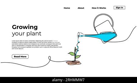 Anbau von Pflanzen durchgehende einzeilige Zeichnung. Vorlage für die Landungsseite von Bewässerungsanlagen. Sprout-Grow-Symbol für Umweltschutz. Stock Vektor