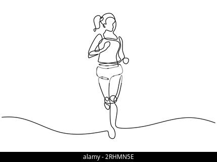 Marathonlauf, durchgehende Einzeilenzeichnung. Frau läuft mit Sportmotiv. Stock Vektor