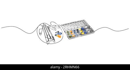 Durchgehende einzelne Linie von Malwerkzeugen, isoliert auf weißem Hintergrund. Stock Vektor