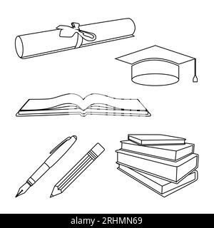 Bildungs- und Lese- und Schreibtechnikobjekte wie College-Abschlussdeckel, Diplompapierrolle, Bleistift, Tintenstift, offenes Buch, Stapel von Büchern für Alphabetisierung Stock Vektor