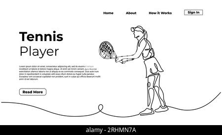 Durchgehende Linienzeichnung einer Tennisspielerin, eine Hand gezeichnete Einzelskizzenkunst, Sportspielerin. Konzeptelement Landing-Page. Stock Vektor