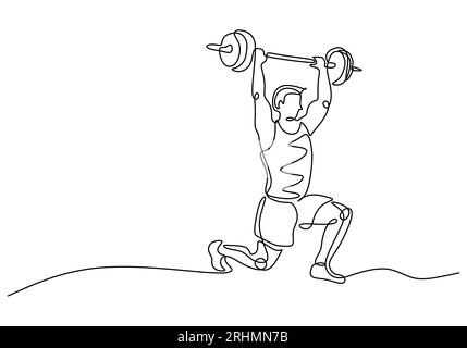 Krafttraining Zeichentauglichkeit. Die Menschen treiben durchgehende Linienkunst Bodybuilding-Aktivität. Stock Vektor