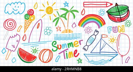 Sommer lustige Hand gezeichnete Symbole Vektor-Set. Obst, Eis, Sonne, Kite. Wie bunte Buntstifte, Pastellfarben, Kreide oder Bleistiftstrich für Kinder. Doodle Cartoon AR Stock Vektor