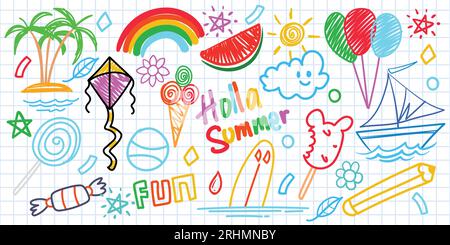 Sommer lustige Hand gezeichnete Symbole Vektor-Set. Obst, Eis, Sonne, Kite. Wie bunte Buntstifte, Pastell, Süßigkeiten, Regenbogen, Kokos, Kreide, Boot, Klo Stock Vektor