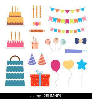 Sammlung verschiedener festlicher Elemente für eine Geburtstagsfeier. Bunte Geburtstagsdekoration Ausrüstung setzt Linie Kunst in flachen Elementen Stil isoliert auf weiß Stock Vektor