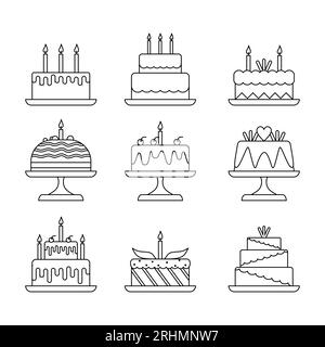 Neun Geburtstagskuchen Set Linie Kunst in flachen Elementen Stil isoliert auf weißem Hintergrund. Stock Vektor