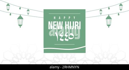 Happy New hijri Year 1445 Hintergrund mit arabischem Buchstaben und hängenden Laternen. Islamisches Banner-Poster. Stock Vektor