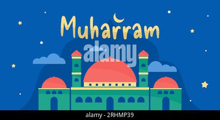 Glückliches muharram islamisches Neujahrsbanner mit Mond, Stern und großer Moschee für islamisches Hintergrundplakat. Stock Vektor