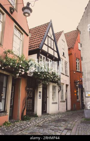 Enge Straße im historischen Stadtteil Schnoor von Bremen. Leere Altstadt mit Geschäften und Häusern in Bremen. Mittelalterliche Gebäude mit Blumen an der Wand. Stockfoto