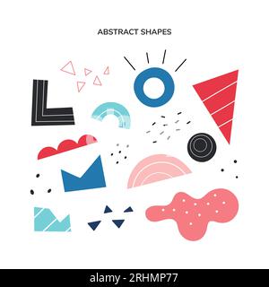 Abstrakte geometrische Formen Kollektion. Vector zeichnete verschiedene Formen und Kritzelobjekte für die Konstruktion. Abstraktes, modernes Set. Trendige bunte Illustration. Stempelstruktur. Stock Vektor