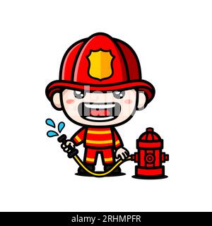 Niedliche Feuerwehrmann-Cartoon-Figur Mit Wasserhydrant Stock Vektor