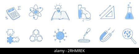 Symbolset für Laborkritzeleien. Handgezeichnete Skizzenlinie Doodle-Stil wissenschaftliche Ausbildung, Chemie-Labor, Medizinexperiment-Symbol. Mikroskop, Atom, Magnetkontur. Vektordarstellung. Stock Vektor