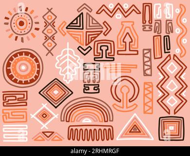 Handgezeichnete Elemente aus ethnischen Stämmen im farbenfrohen Stil. Abstrakte afrikanische Kunst Formen Kollektion, Tribal Doodle Dekoration Set. Zufällige ethnische Formen, a Stock Vektor