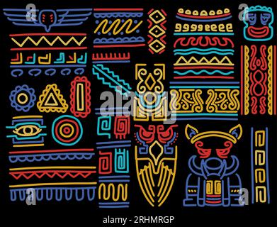 Set aus farbenfrohen, von Hand gezeichneten Tribal-Texturen und Pinsel. Kreative Kollektion von Vektorgestaltungselementen: Winterweihnachtssymbole, geometrische Tribal-Textur Stock Vektor