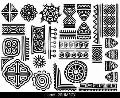 Set mit handgezeichneten Tribal-Ornamenten. Abstrakte geometrische ethnische Objektpinsel. Monochrom isoliert auf weißem Hintergrund. Stock Vektor