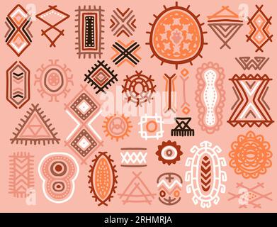 Handgezeichnete Elemente aus ethnischen Stämmen im farbenfrohen Stil. Abstrakte afrikanische Kunst Formen Kollektion, Tribal Doodle Dekoration Set. Zufällige ethnische Formen, a Stock Vektor
