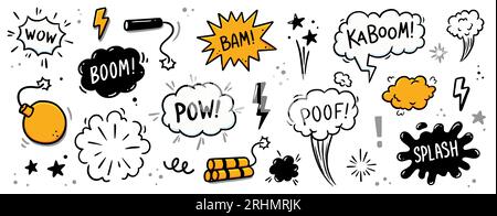 Comic Bombe Boom Vektorelement. Handgezeichnete Cartoon-Explosionseffekte, Spritzer, Ausrufezeichen-Rauchelement. Doodle Hand gezeichnet Text Boom, pow, wow. Vektordarstellung. Stock Vektor