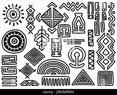 Von Hand gezeichnete Elemente aus ethnischen Stämmen im schwarz-weißen Stil. Abstrakte afrikanische Kunst Formen Kollektion, Tribal Doodle Dekoration Set. Zufällige ethnische Formen Stock Vektor