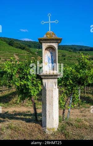 Religiöse Ikone und Weinberge, Weissenkirchen in der Wachau, Niederösterreich, Österreich Stockfoto