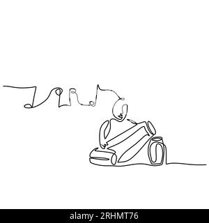 Eine einzige durchgehende Linie von Mann spielt Vintage-Schlagzeug mit Musiknoten isoliert auf weißem Hintergrund. Stock Vektor