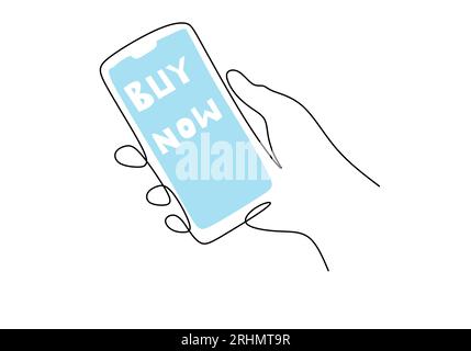 Durchgehend eine einzelne Handleitung, die das Smartphone für Online-Shopping isoliert auf weißem Hintergrund hält. Stock Vektor