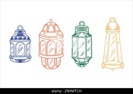 Set von Hand gezeichneten Laternen für islamische Ornamente Element für ramadan isoliert auf weißem Hintergrund in farbenfrohem Stil. Stock Vektor