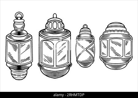 Handgezeichnete Skizze von Laternen als islamisches Ornamentelement im schwarz-weißen monochromen Stil. Stock Vektor