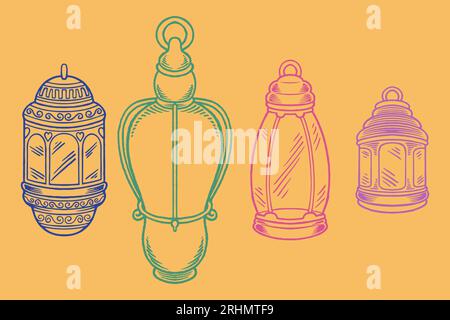 Handgezeichnete Skizze von Laternen als islamisches Ornamentelement im farbenfrohen Stil isoliert auf orangem Hintergrund. Stock Vektor