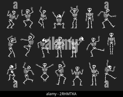 Skelette tanzen mit verschiedenen Positionen flaches Design Vektorbildungs-Set. Lustiger Tanz Halloween oder Day of the Dead Skeletons Sammlung. Stock Vektor