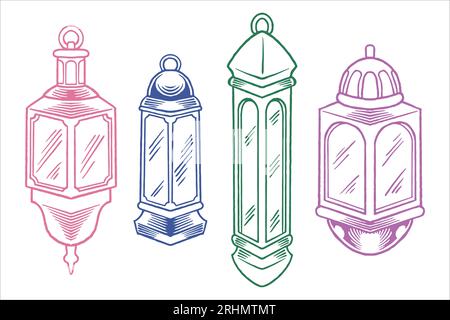 Set von Hand gezeichneten Laternen für islamische Ornamente Element für ramadan isoliert auf weißem Hintergrund in farbenfrohem Stil. Stock Vektor