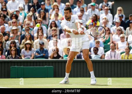 Tennisspieler Novak Djokovic (SRB) bei den Wimbledon Championships 2023, All England Lawn Tennis and Croquet Club, London, England. Stockfoto