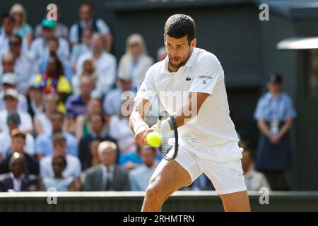 Tennisspieler Novak Djokovic (SRB) bei den Wimbledon Championships 2023, All England Lawn Tennis and Croquet Club, London, England. Stockfoto